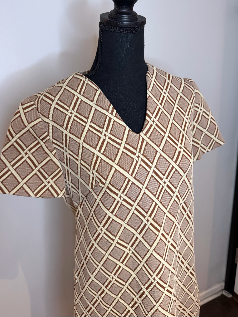 Vintage 60s 70s Geometric Diamond Print Mod Short Sleeve Mini Dress - Small